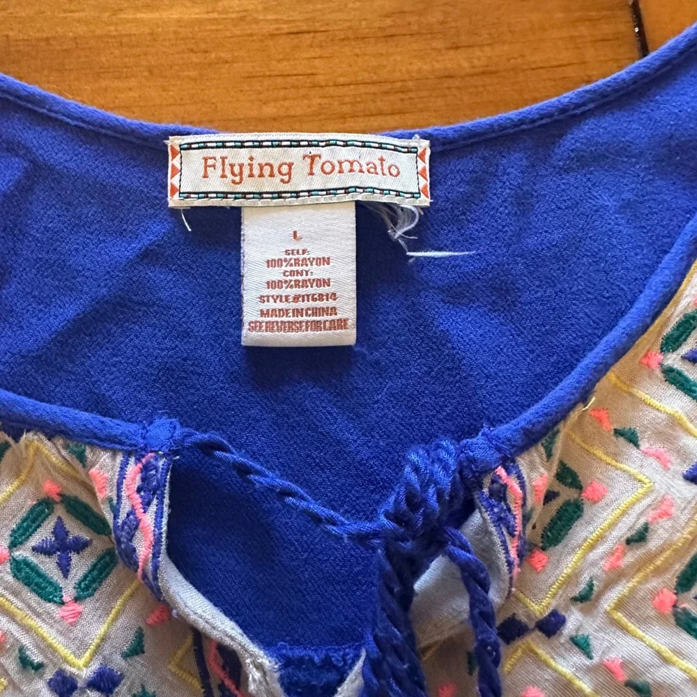 Flying Tomato Boho Peasant Top Bundle Large Blue & Cream Embroidered Tassel Tops